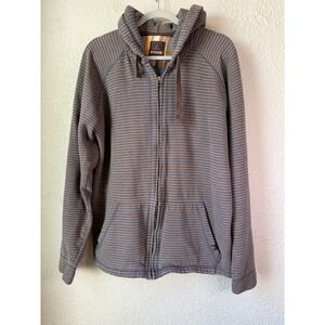 Prana Mens XL Full Zip Hoodie Blue Brown Striped Organic Cotton Raglan Jacket